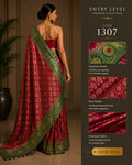 Premium Maroon Banarasi Silk Saree with Green Zari Border & Traditional Motifs