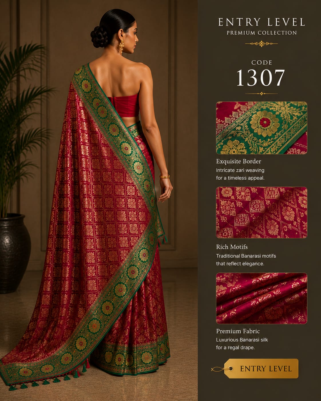 Premium Maroon Banarasi Silk Saree with Green Zari Border & Traditional Motifs