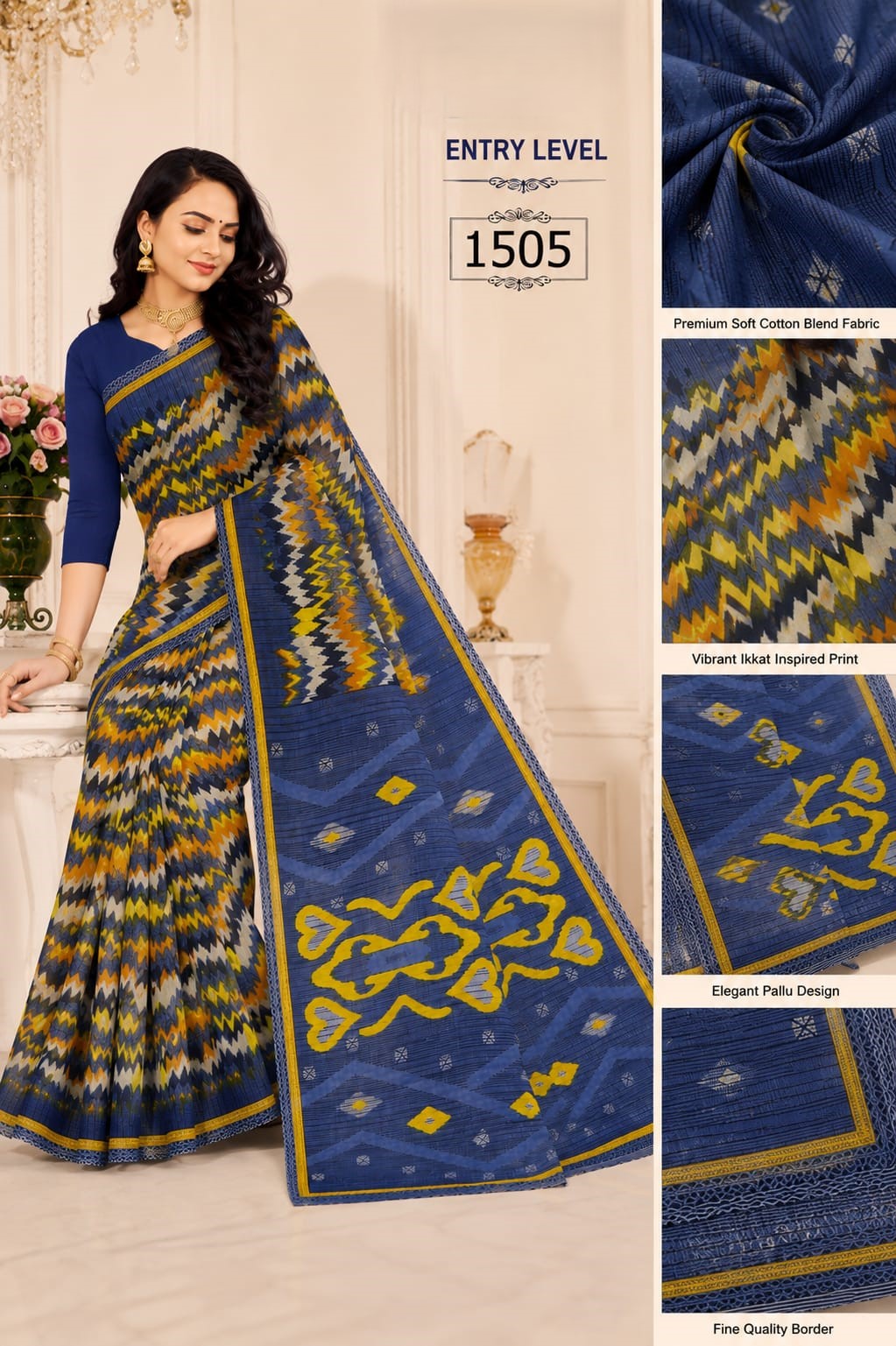 Vibrant Blue & Yellow Ikkat-Inspired Premium Cotton Blend Saree with Elegant Pallu