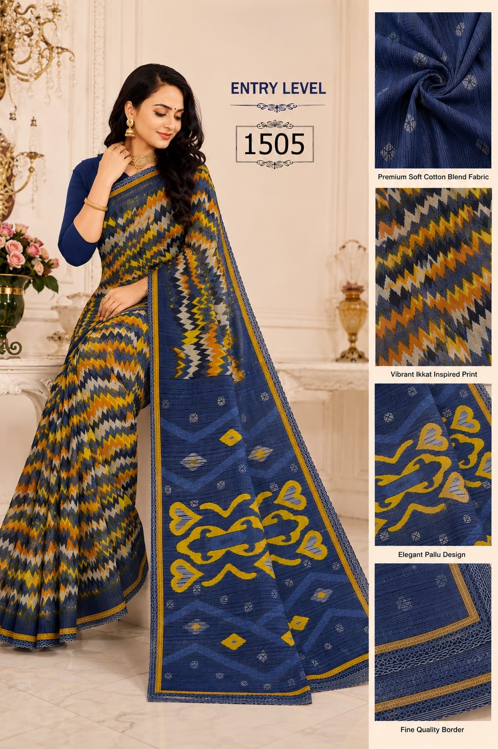 Vibrant Blue & Yellow Ikkat-Inspired Premium Cotton Blend Saree with Elegant Pallu