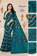 Teal Green Cotton Blend Ikat Print Saree with Heart Motif Pallu