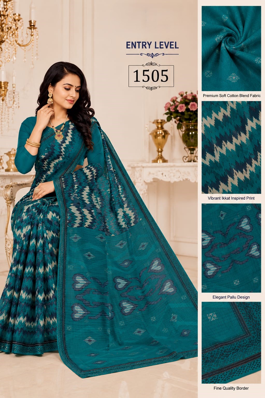 Teal Green Cotton Blend Ikat Print Saree with Heart Motif Pallu