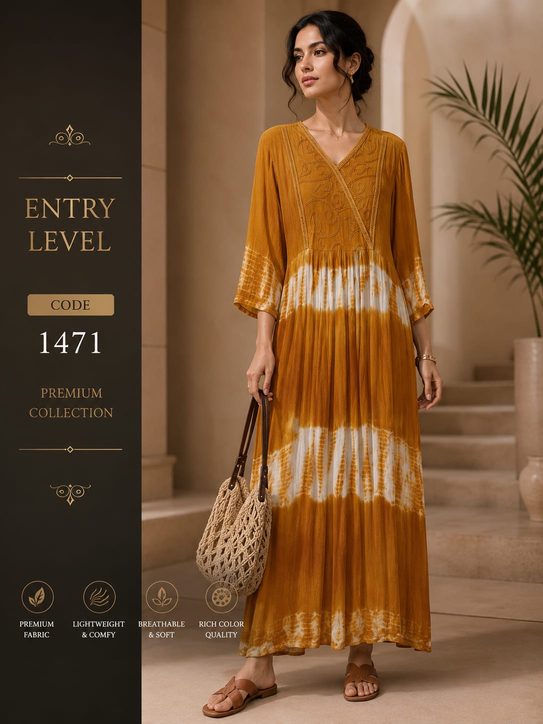 Mustard Yellow Tie & Dye Anarkali Maxi Dress Gown with Embroidered V-Neck