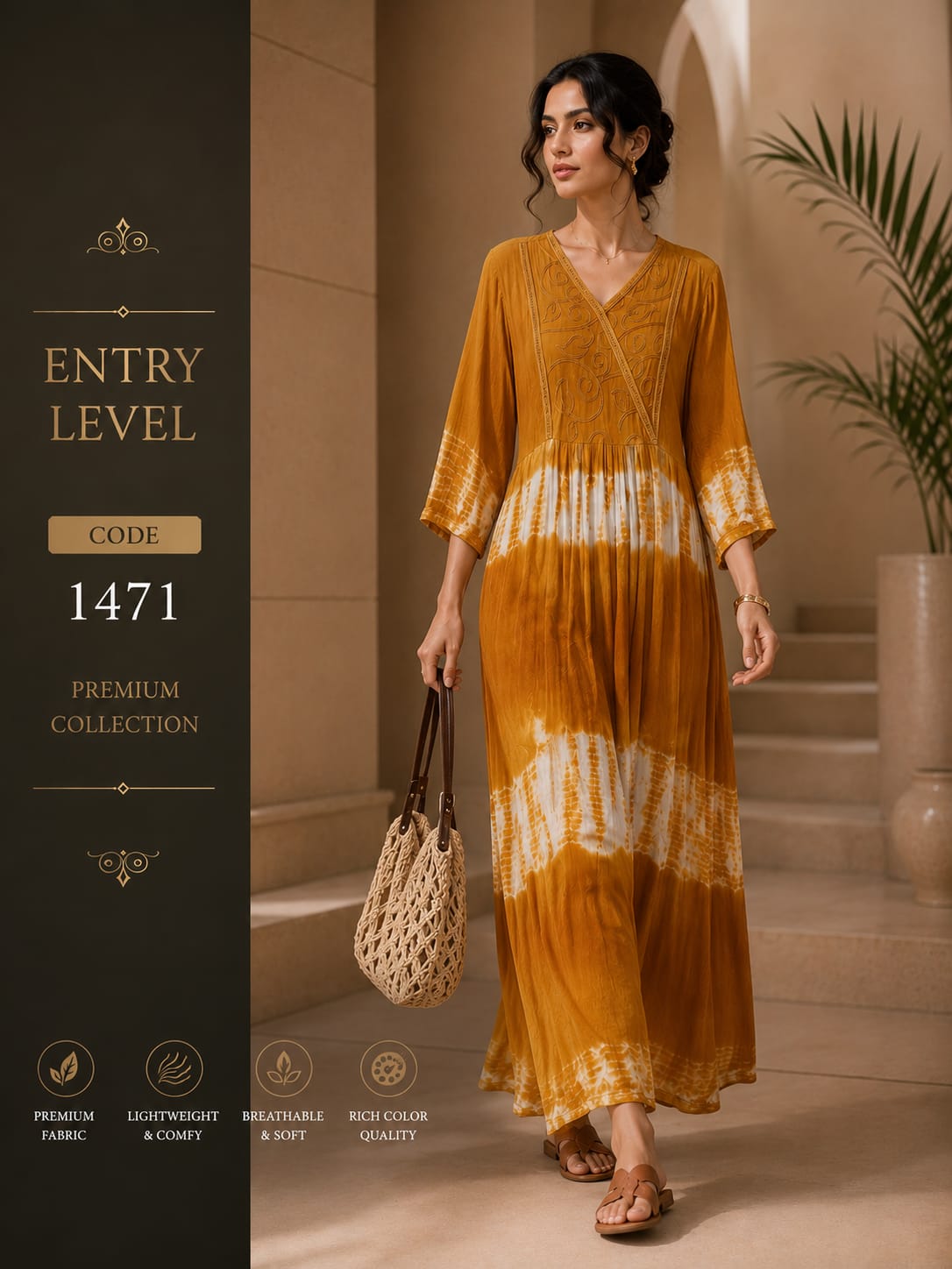 Mustard Yellow Tie & Dye Anarkali Maxi Dress Gown with Embroidered V-Neck