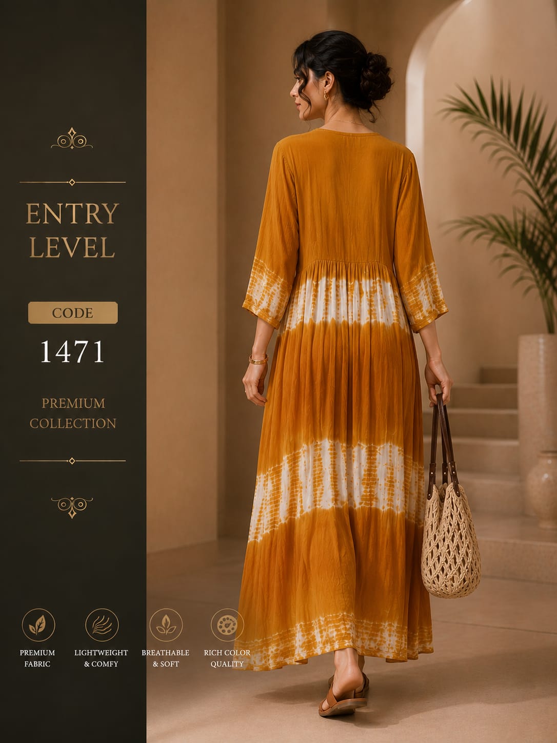 Mustard Yellow Tie & Dye Anarkali Maxi Dress Gown with Embroidered V-Neck