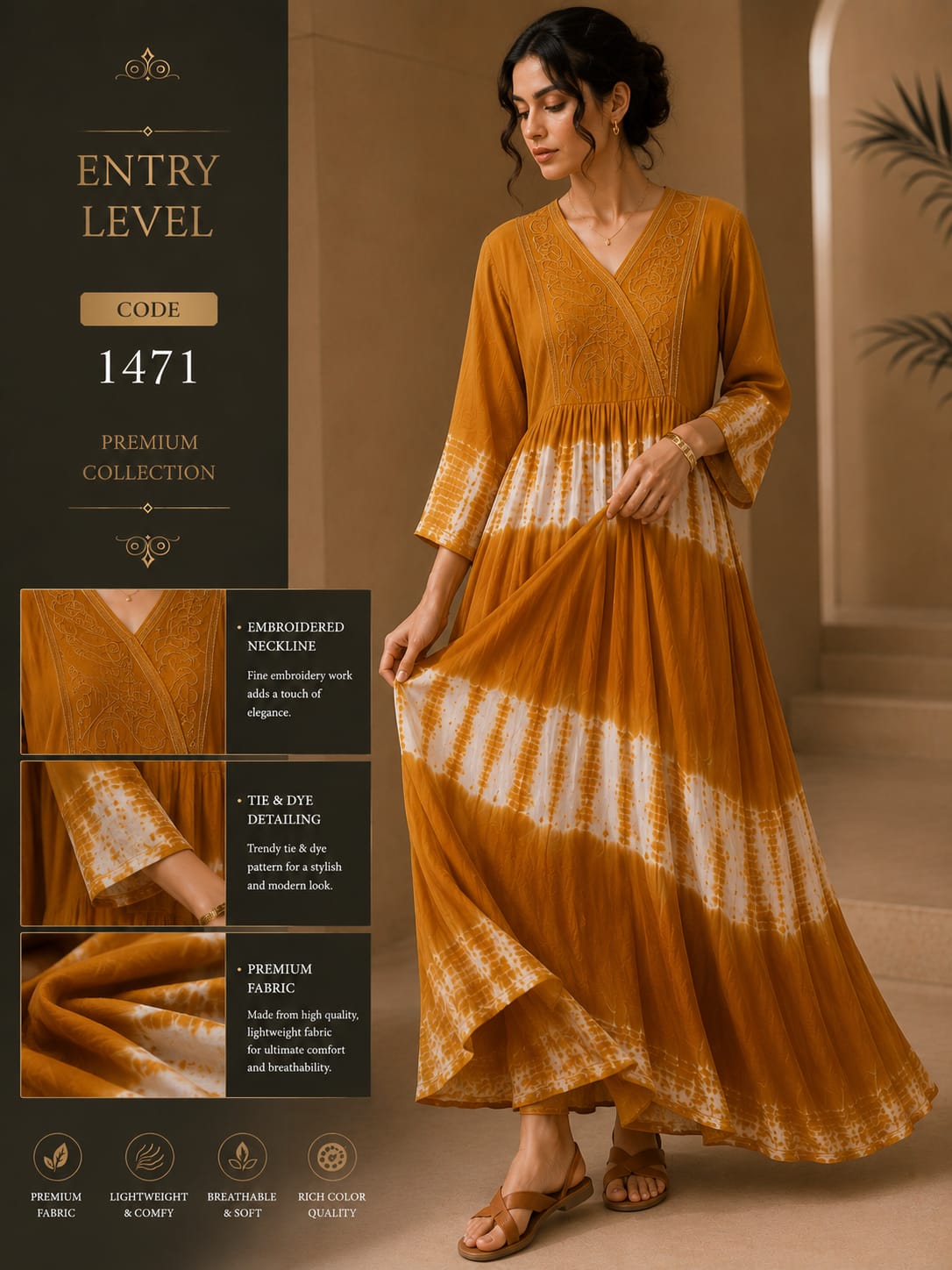 Mustard Yellow Tie & Dye Anarkali Maxi Dress Gown with Embroidered V-Neck