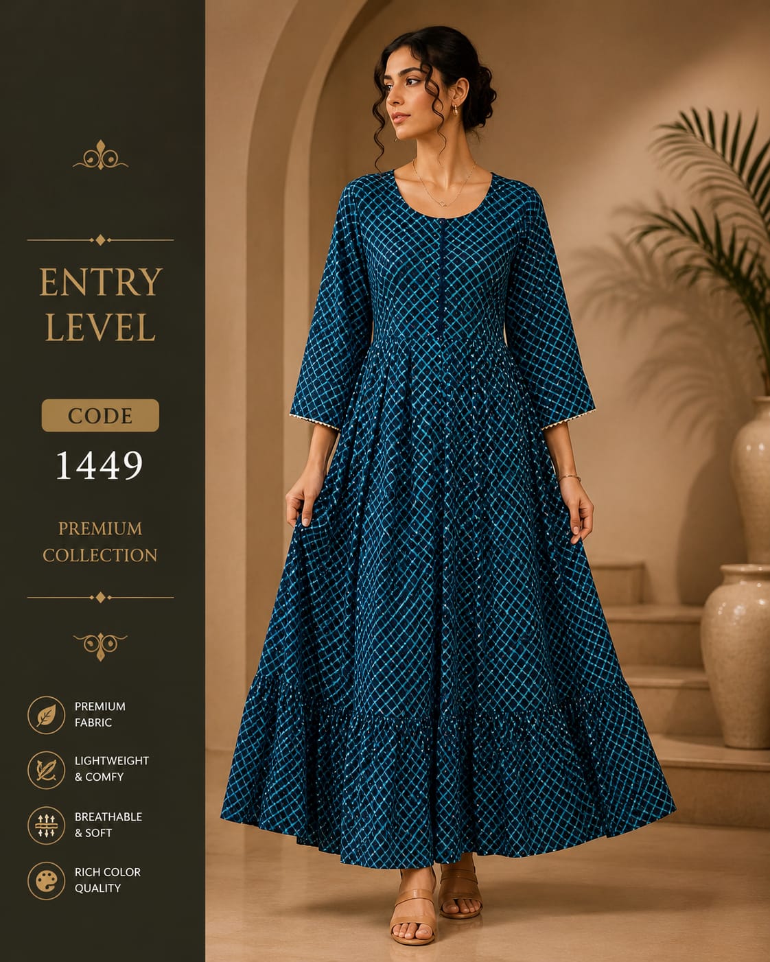 Navy Blue Grid Print Anarkali Maxi Dress Cotton Blend
