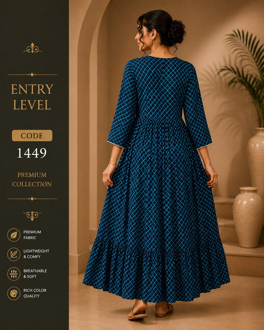 Navy Blue Grid Print Anarkali Maxi Dress Cotton Blend