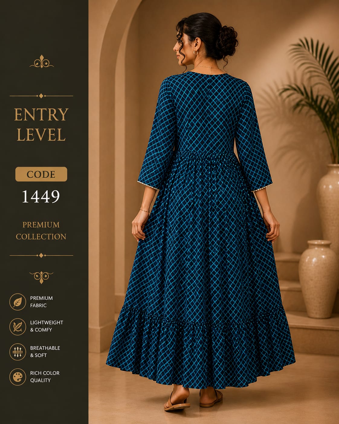Navy Blue Grid Print Anarkali Maxi Dress Cotton Blend