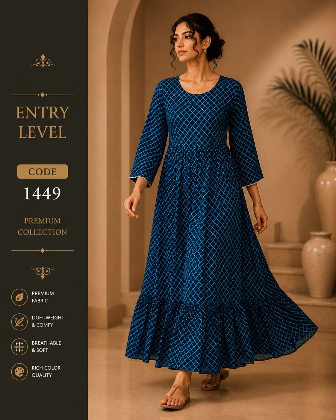 Navy Blue Grid Print Anarkali Maxi Dress Cotton Blend