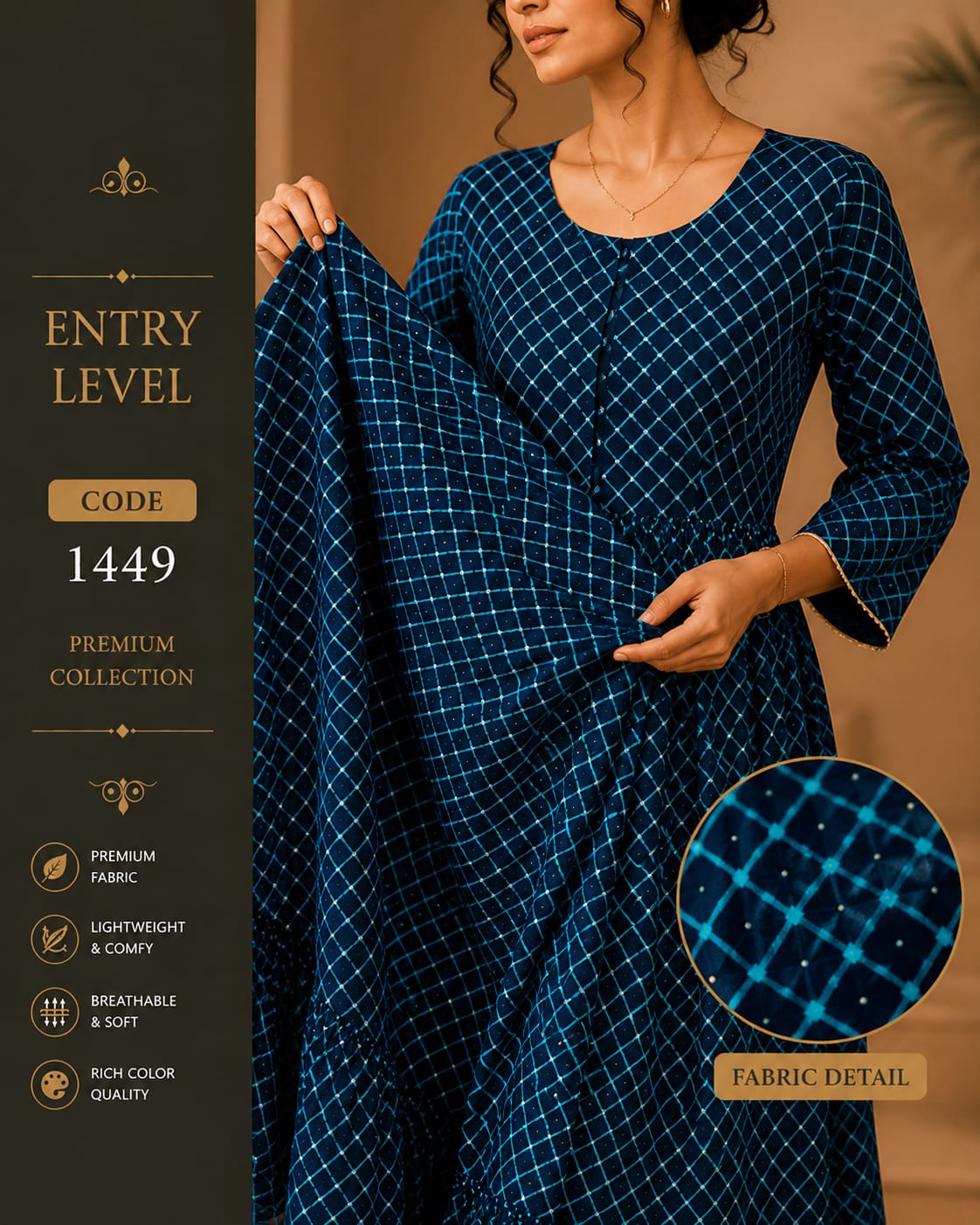 Navy Blue Grid Print Anarkali Maxi Dress Cotton Blend