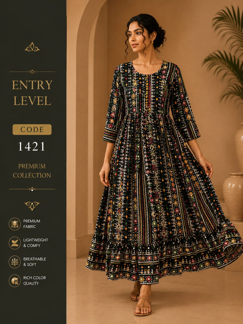 Black Bandhani Geometric Print Anarkali Maxi Dress Gown- Premium Cotton