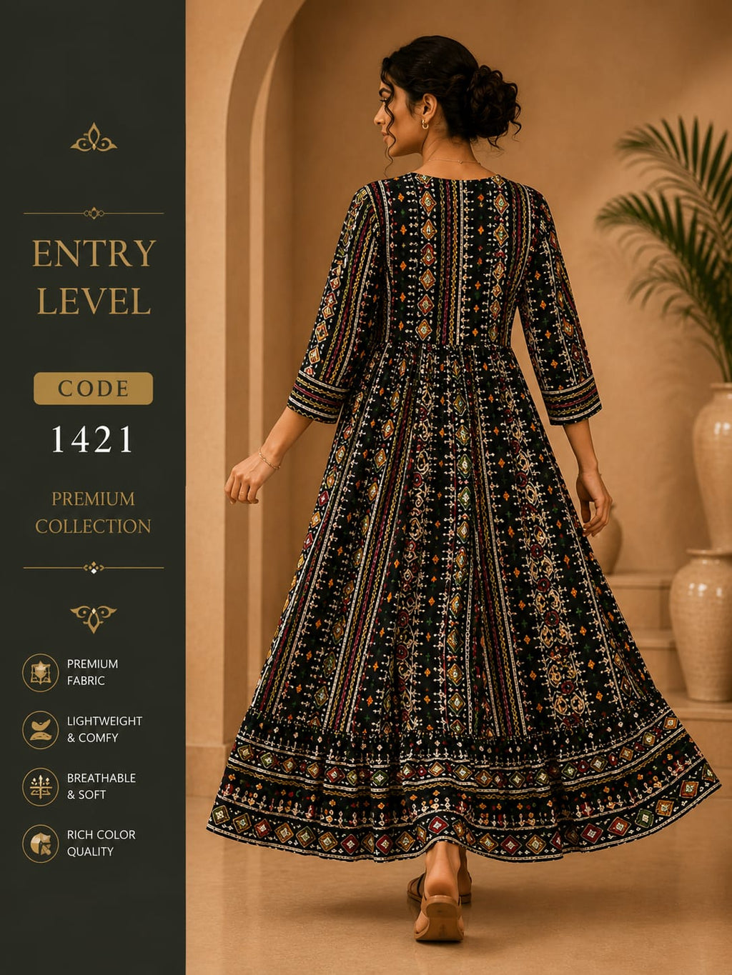 Black Bandhani Geometric Print Anarkali Maxi Dress Gown- Premium Cotton