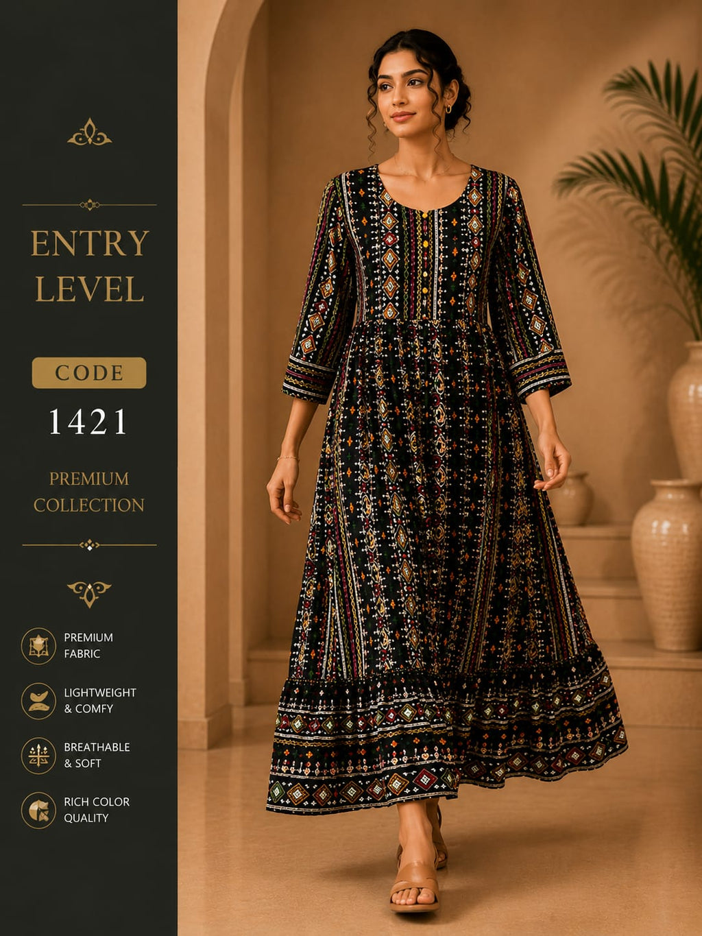 Black Bandhani Geometric Print Anarkali Maxi Dress Gown- Premium Cotton
