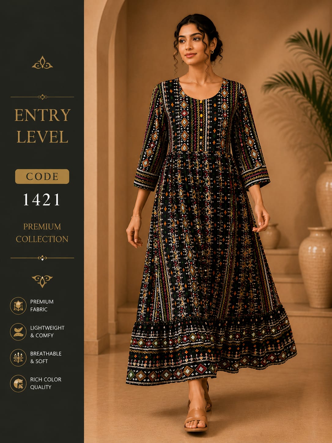 Black Bandhani Geometric Print Anarkali Maxi Dress Gown- Premium Cotton