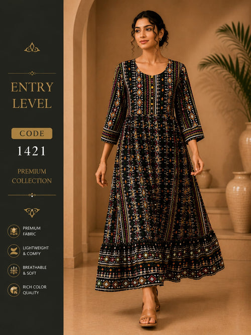 Black Bandhani Geometric Print Anarkali Maxi Dress Gown- Premium Cotton