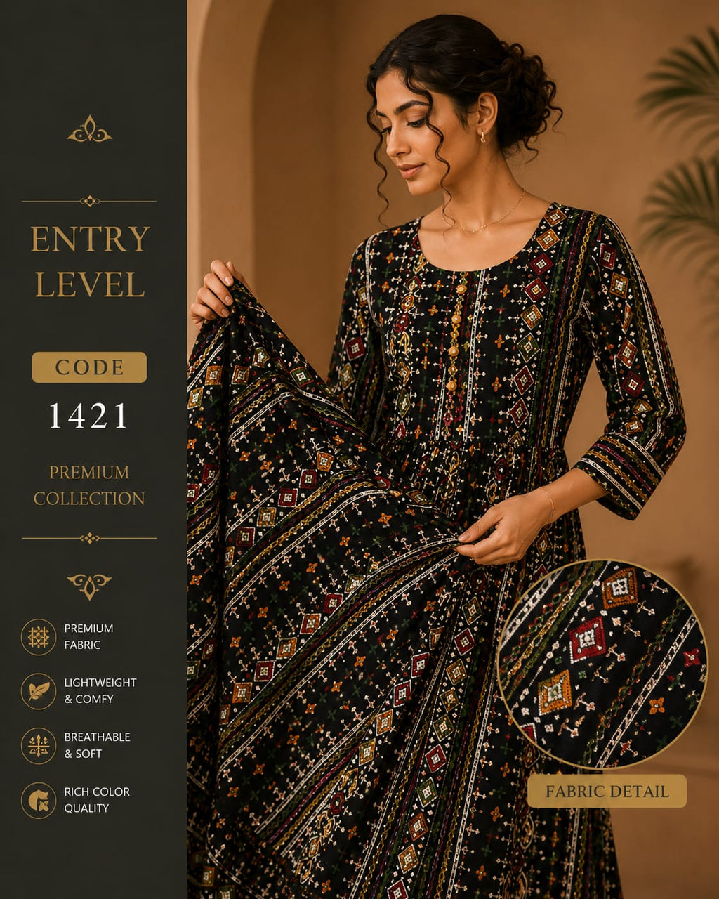 Black Bandhani Geometric Print Anarkali Maxi Dress Gown- Premium Cotton
