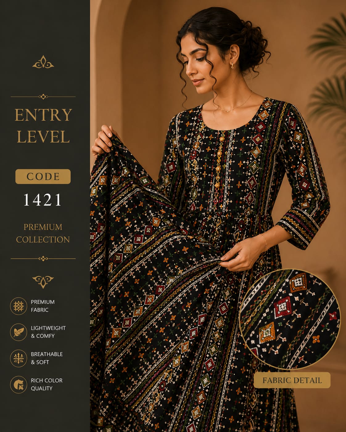 Black Bandhani Geometric Print Anarkali Maxi Dress Gown- Premium Cotton