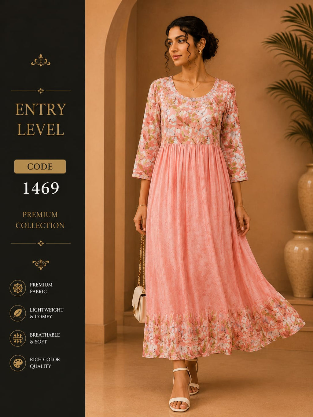 Blush Pink Floral Print Anarkali Maxi Dress Gown - Premium Cotton Blend