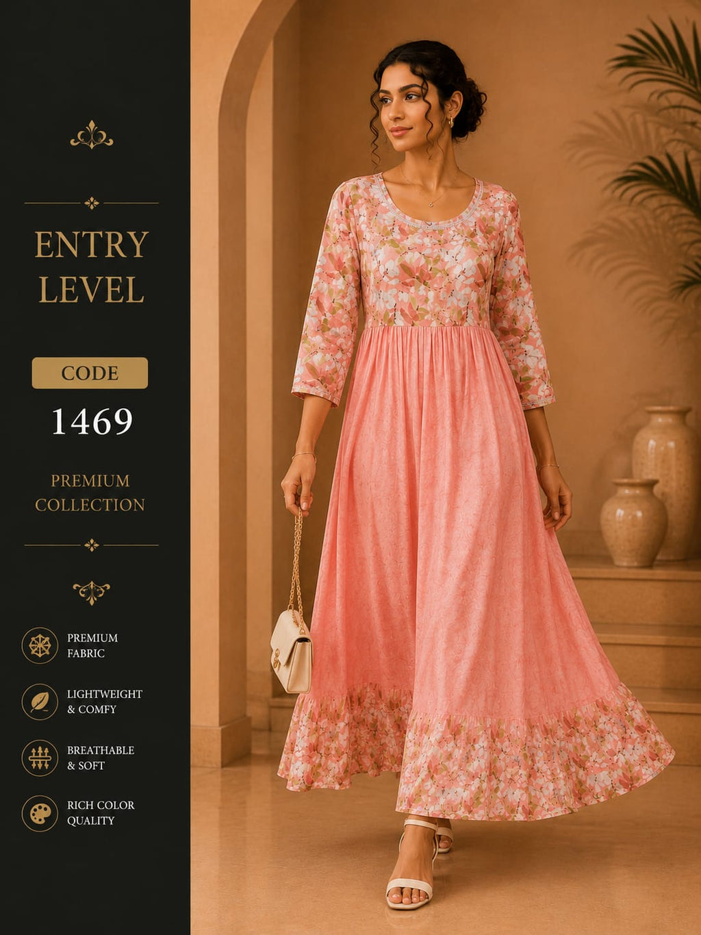 Blush Pink Floral Print Anarkali Maxi Dress Gown - Premium Cotton Blend