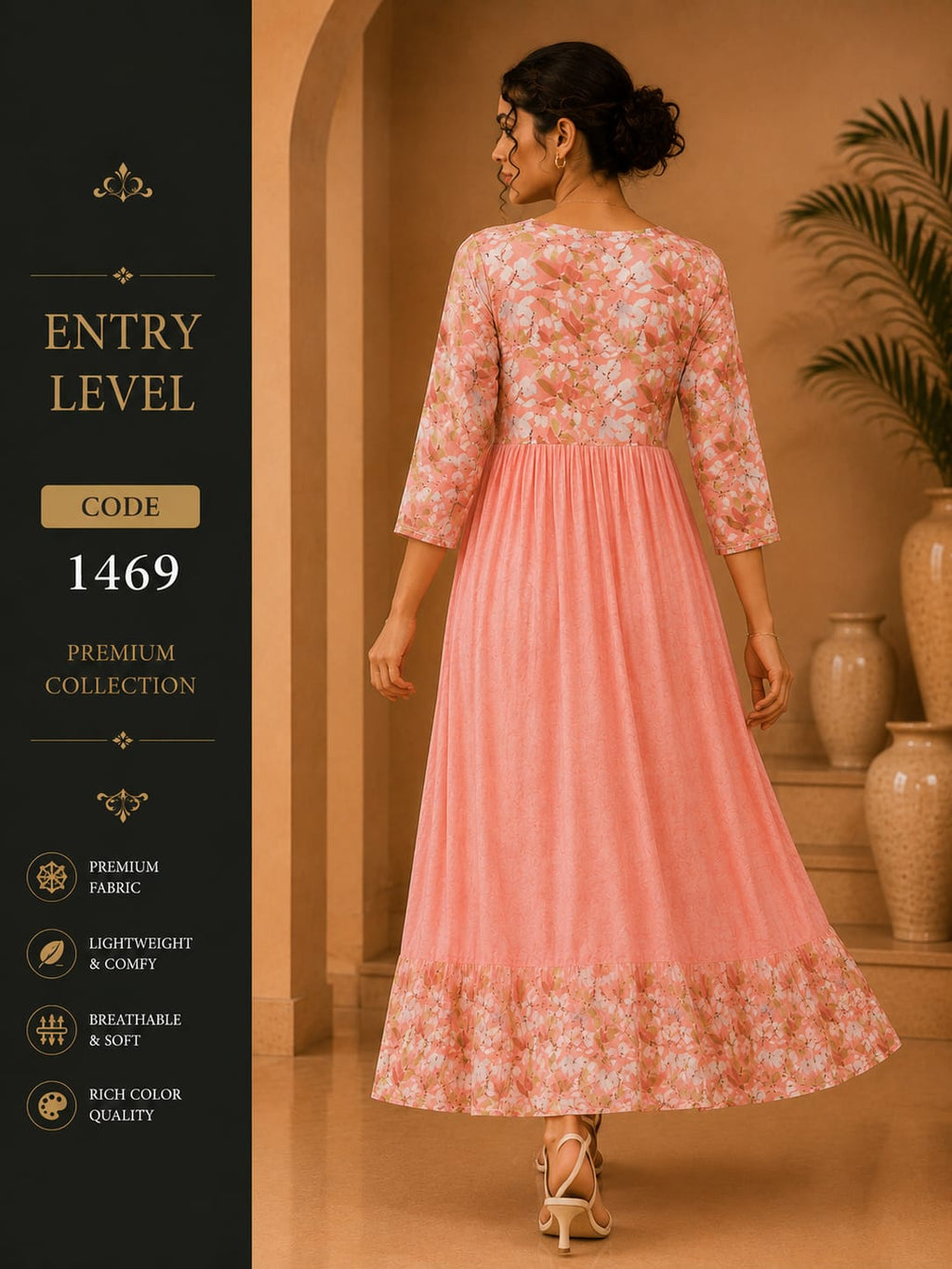 Blush Pink Floral Print Anarkali Maxi Dress Gown - Premium Cotton Blend