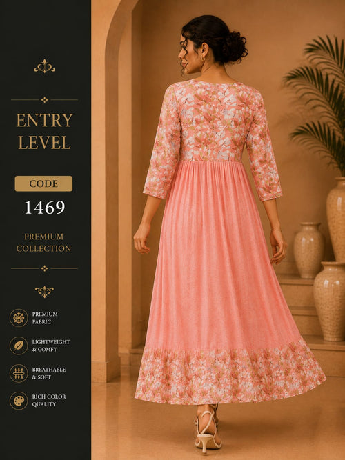 Blush Pink Floral Print Anarkali Maxi Dress Gown - Premium Cotton Blend