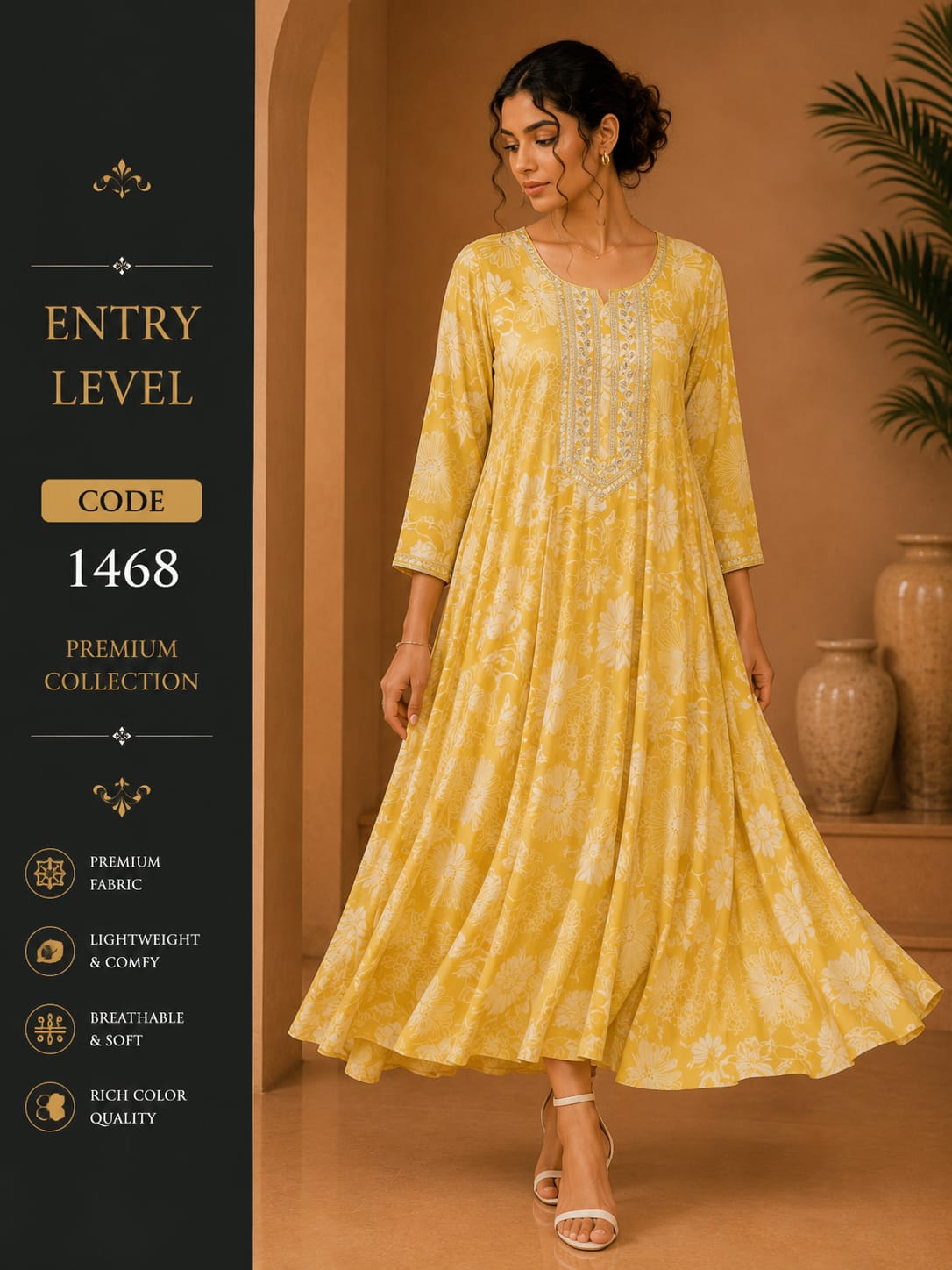 Mustard Yellow Floral Print Anarkali Maxi Dress Gown with Embroidered Neckline