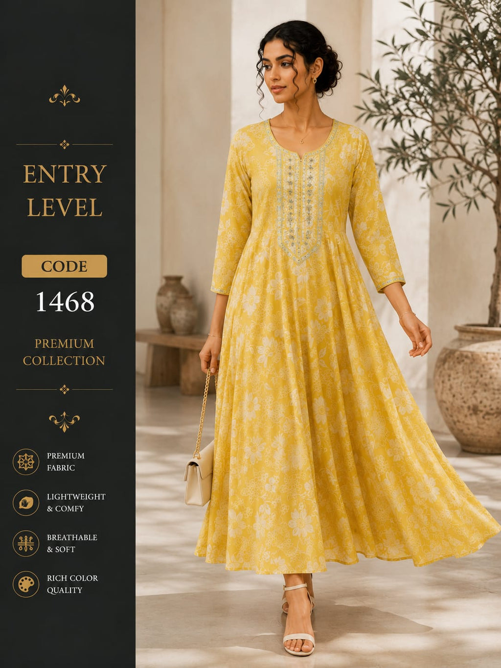 Mustard Yellow Floral Print Anarkali Maxi Dress Gown with Embroidered Neckline