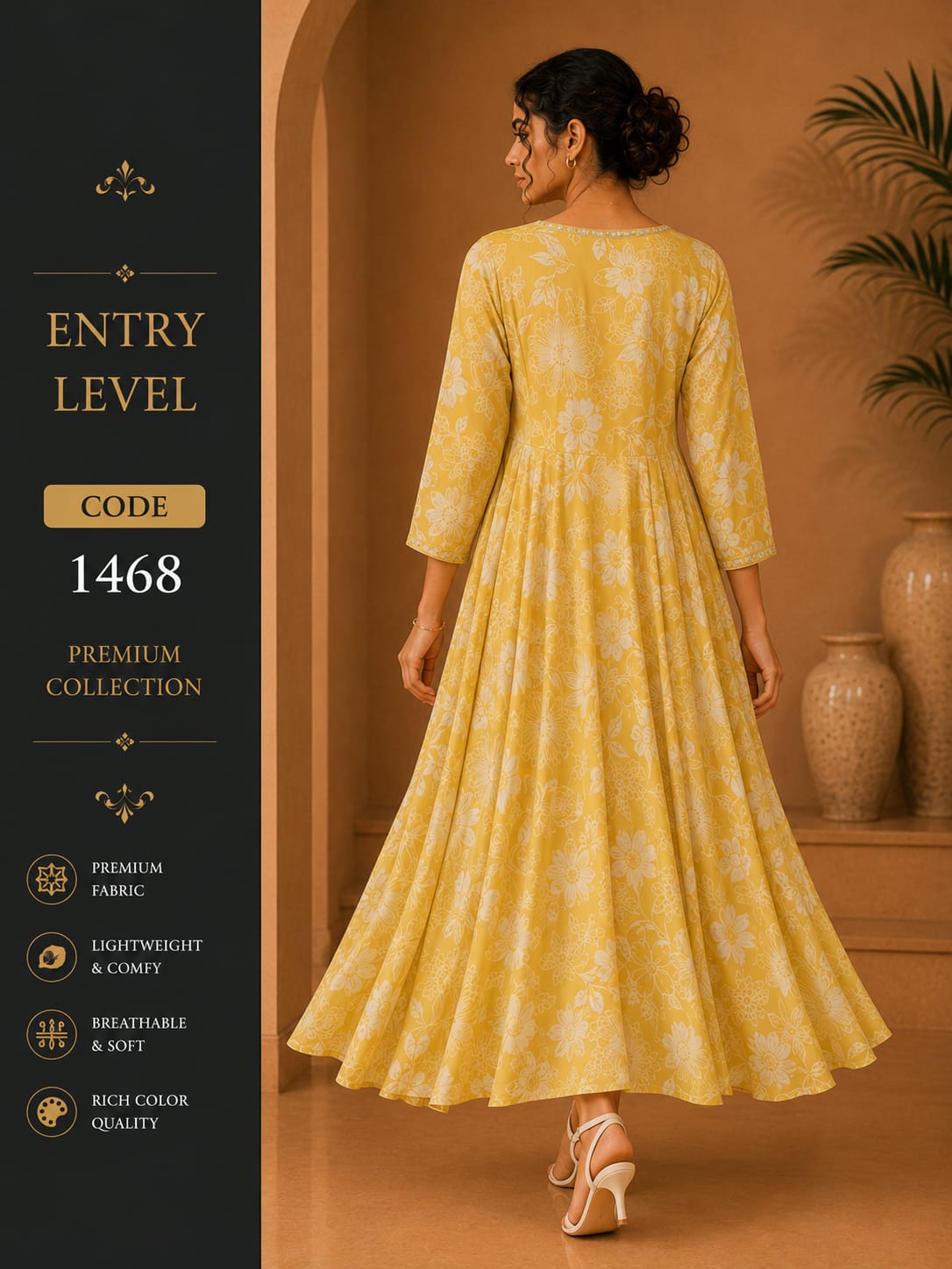 Mustard Yellow Floral Print Anarkali Maxi Dress Gown with Embroidered Neckline