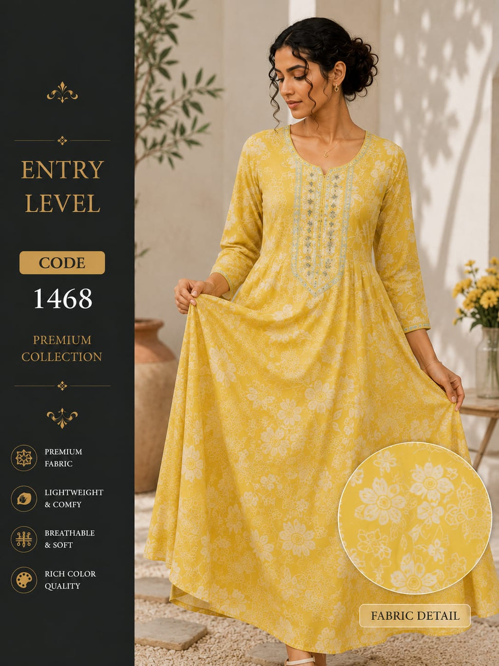 Mustard Yellow Floral Print Anarkali Maxi Dress Gown with Embroidered Neckline