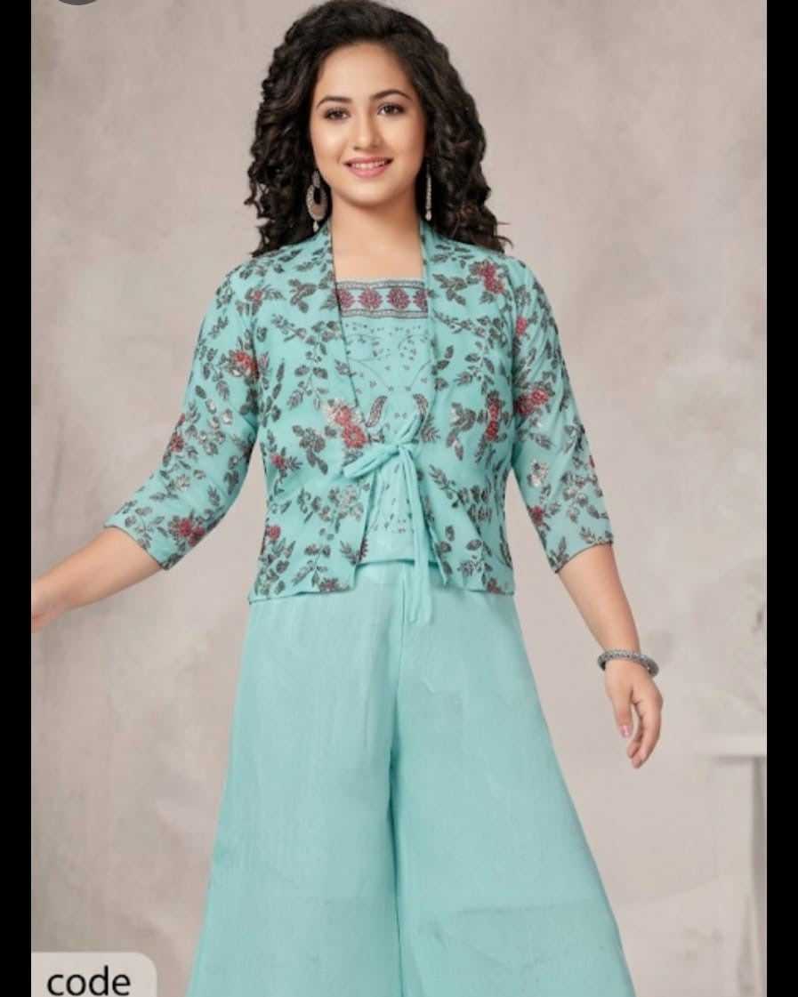 Sky Blue Floral Printed Co-Ord Set with Wide-Leg Palazzo