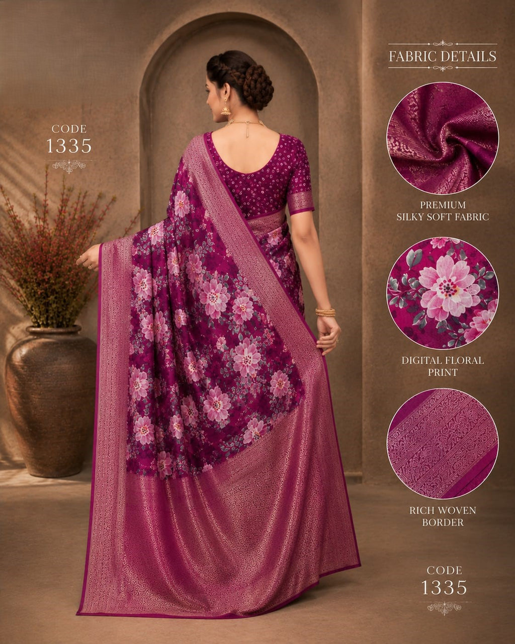 Luxera Premium Magenta Floral Print Saree with Rich Woven Border