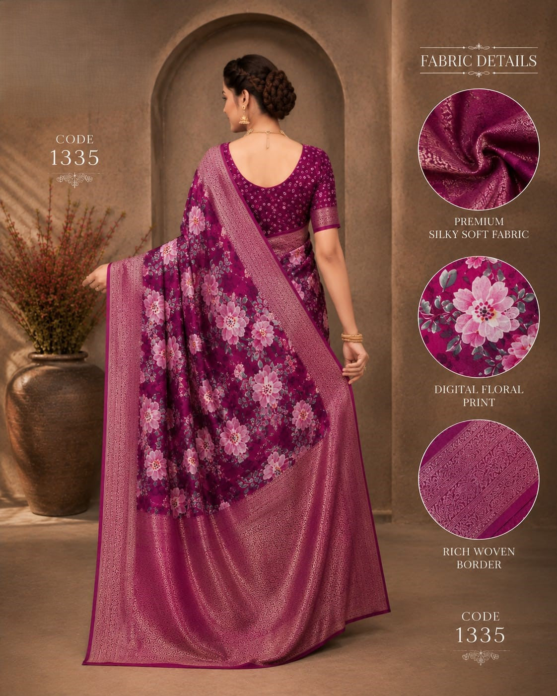 Luxera Premium Magenta Floral Print Saree with Rich Woven Border